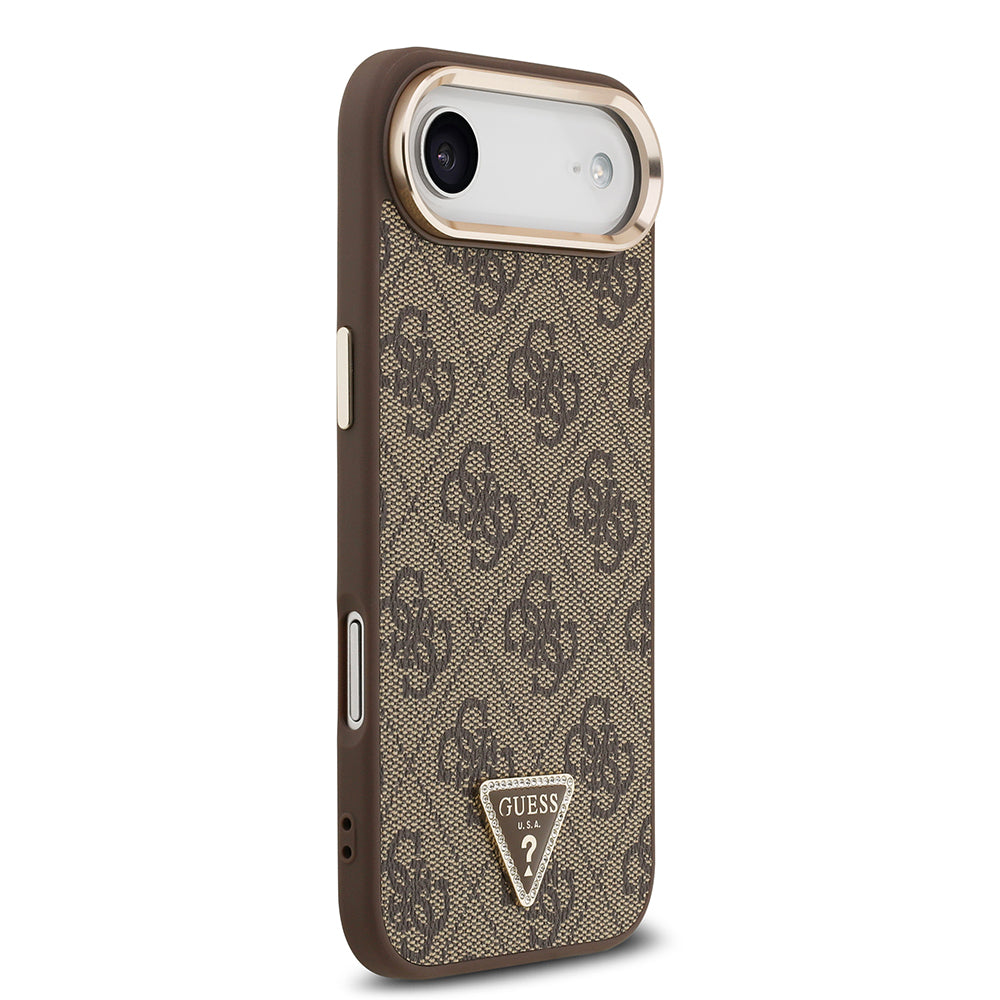Apple iPhone 17 Air Kılıf M-Safe Şarj Özellikli Guess Gold Metal Kamera Çerçeveli Taşlı Üçgen Logolu Kapak Kahverengi