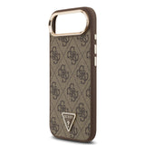 Apple iPhone 17 Air Kılıf M-Safe Şarj Özellikli Guess Gold Metal Kamera Çerçeveli Taşlı Üçgen Logolu Kapak Kahverengi