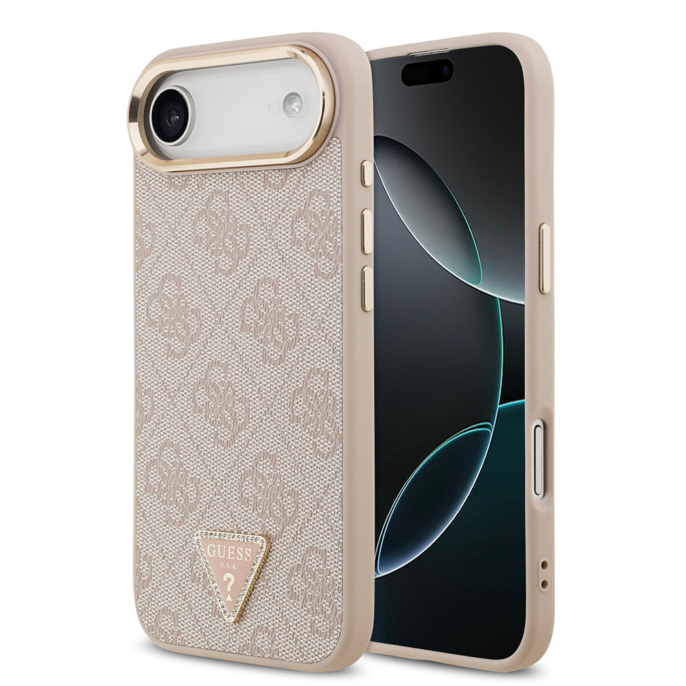 Apple iPhone 17 Air Kılıf M-Safe Şarj Özellikli Guess Gold Metal Kamera Çerçeveli Taşlı Üçgen Logolu Kapak Pembe
