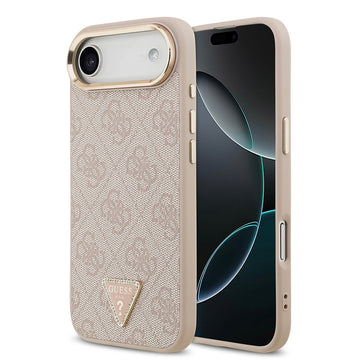 Apple iPhone 17 Air Kılıf M-Safe Şarj Özellikli Guess Gold Metal Kamera Çerçeveli Taşlı Üçgen Logolu Kapak Pembe