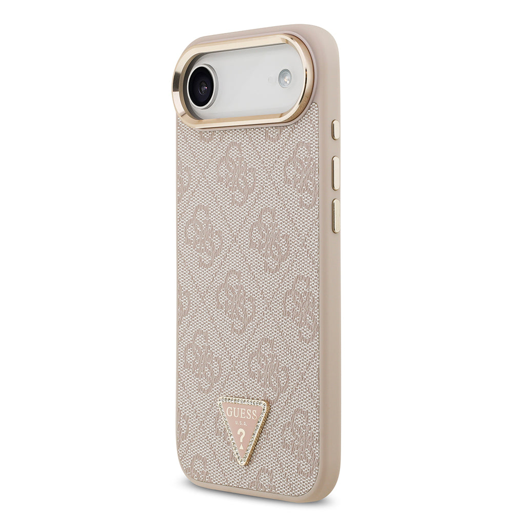 Apple iPhone 17 Air Kılıf M-Safe Şarj Özellikli Guess Gold Metal Kamera Çerçeveli Taşlı Üçgen Logolu Kapak Pembe