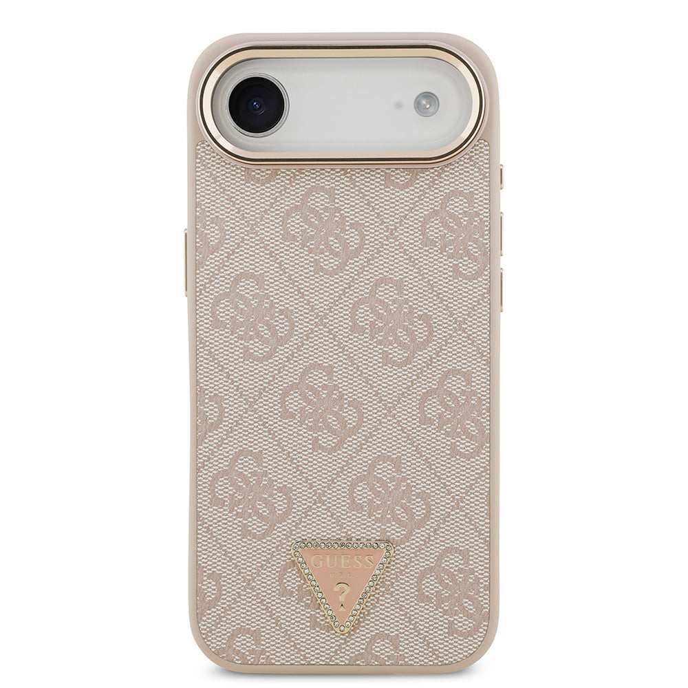 Apple iPhone 17 Air Kılıf M-Safe Şarj Özellikli Guess Gold Metal Kamera Çerçeveli Taşlı Üçgen Logolu Kapak Pembe