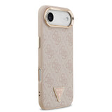 Apple iPhone 17 Air Kılıf M-Safe Şarj Özellikli Guess Gold Metal Kamera Çerçeveli Taşlı Üçgen Logolu Kapak Pembe