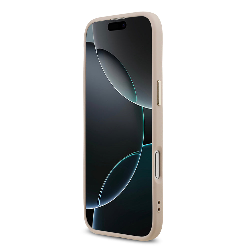 Apple iPhone 17 Air Kılıf M-Safe Şarj Özellikli Guess Gold Metal Kamera Çerçeveli Taşlı Üçgen Logolu Kapak Pembe