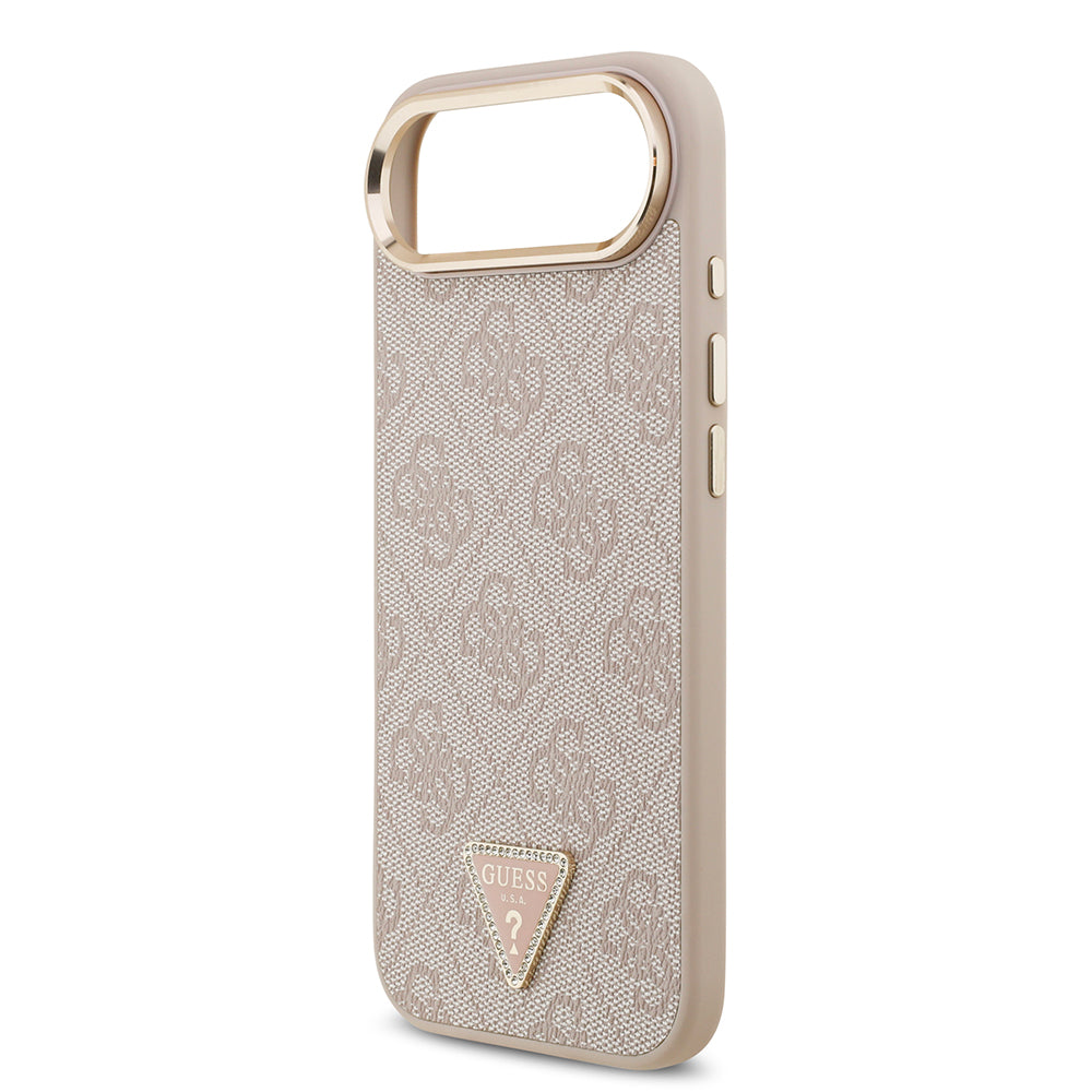 Apple iPhone 17 Air Kılıf M-Safe Şarj Özellikli Guess Gold Metal Kamera Çerçeveli Taşlı Üçgen Logolu Kapak Pembe