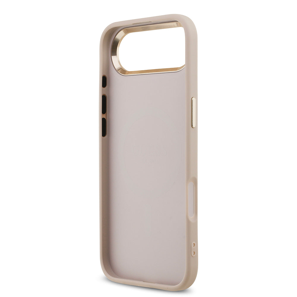 Apple iPhone 17 Air Kılıf M-Safe Şarj Özellikli Guess Gold Metal Kamera Çerçeveli Taşlı Üçgen Logolu Kapak Pembe