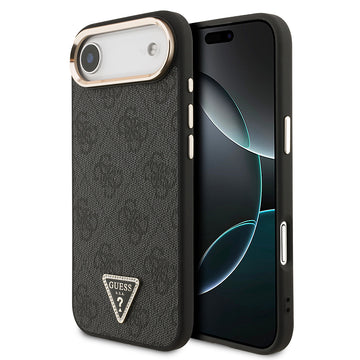 Apple iPhone 17 Air Kılıf M-Safe Şarj Özellikli Guess Gold Metal Kamera Çerçeveli Taşlı Üçgen Logolu Kapak Siyah
