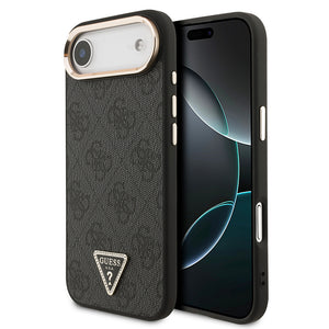 Apple iPhone 17 Air Kılıf M-Safe Şarj Özellikli Guess Gold Metal Kamera Çerçeveli Taşlı Üçgen Logolu Kapak Siyah