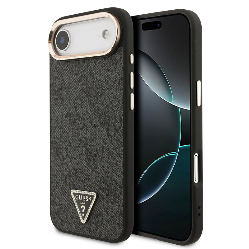 Apple iPhone 17 Air Kılıf M-Safe Şarj Özellikli Guess Gold Metal Kamera Çerçeveli Taşlı Üçgen Logolu Kapak Siyah