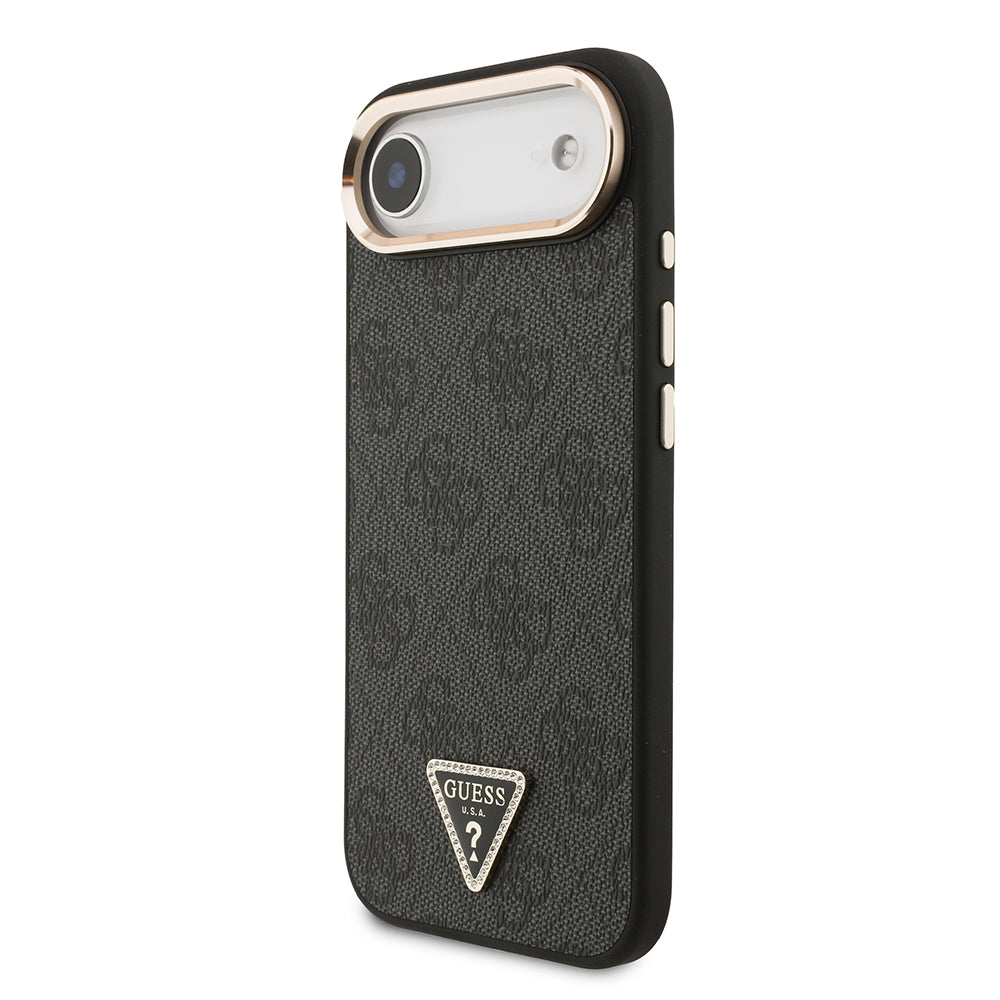 Apple iPhone 17 Air Kılıf M-Safe Şarj Özellikli Guess Gold Metal Kamera Çerçeveli Taşlı Üçgen Logolu Kapak Siyah