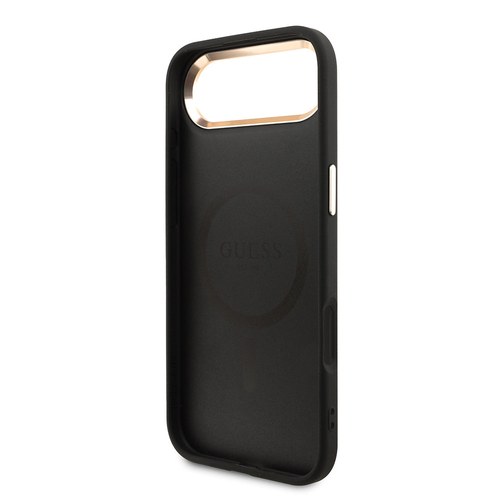 Apple iPhone 17 Air Kılıf M-Safe Şarj Özellikli Guess Gold Metal Kamera Çerçeveli Taşlı Üçgen Logolu Kapak Siyah