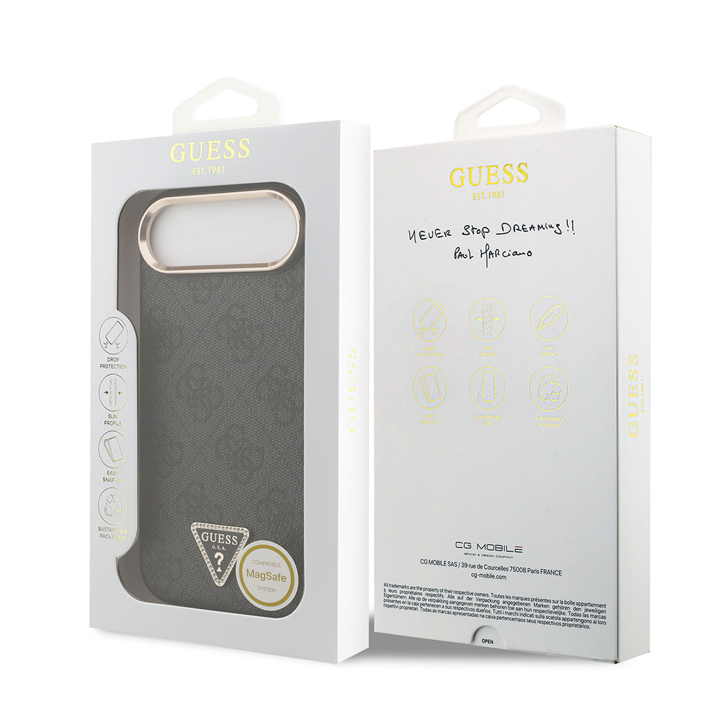 Apple iPhone 17 Air Kılıf M-Safe Şarj Özellikli Guess Gold Metal Kamera Çerçeveli Taşlı Üçgen Logolu Kapak Siyah