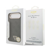 Apple iPhone 17 Air Kılıf M-Safe Şarj Özellikli Guess Gold Metal Kamera Çerçeveli Taşlı Üçgen Logolu Kapak Siyah