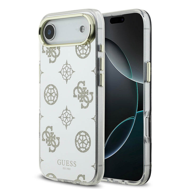 Apple iPhone 17 Air Kılıf M-Safe Şarj Özellikli Guess Metal Kamera Çerçeveli Peony Simli Aynalı Kapak Gold