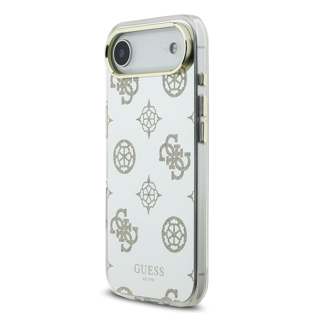 Apple iPhone 17 Air Kılıf M-Safe Şarj Özellikli Guess Metal Kamera Çerçeveli Peony Simli Aynalı Kapak Gold
