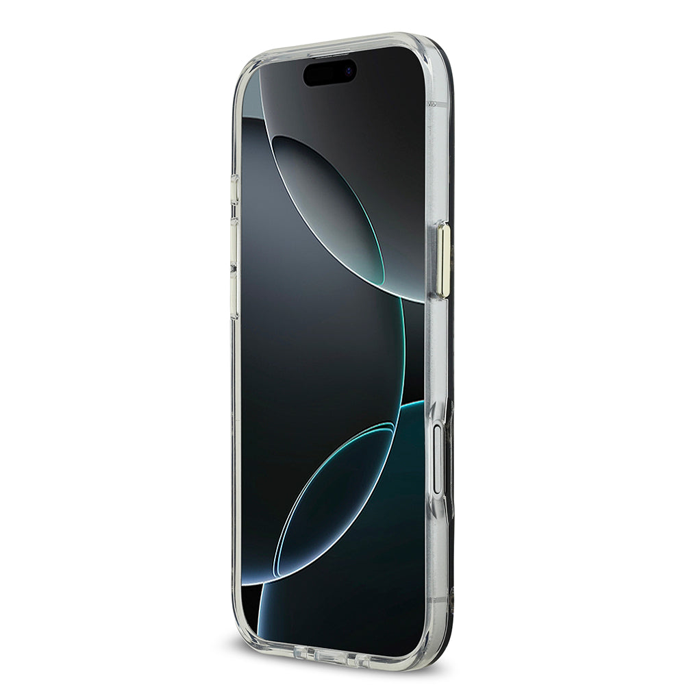 Apple iPhone 17 Air Kılıf M-Safe Şarj Özellikli Guess Metal Kamera Çerçeveli Peony Simli Aynalı Kapak Gold