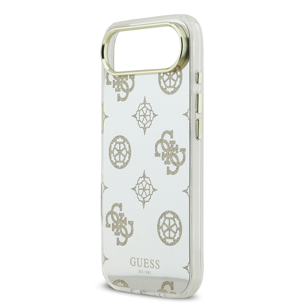 Apple iPhone 17 Air Kılıf M-Safe Şarj Özellikli Guess Metal Kamera Çerçeveli Peony Simli Aynalı Kapak Gold