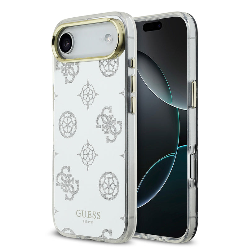 Apple iPhone 17 Air Kılıf M-Safe Şarj Özellikli Guess Metal Kamera Çerçeveli Peony Simli Aynalı Kapak Gümüş