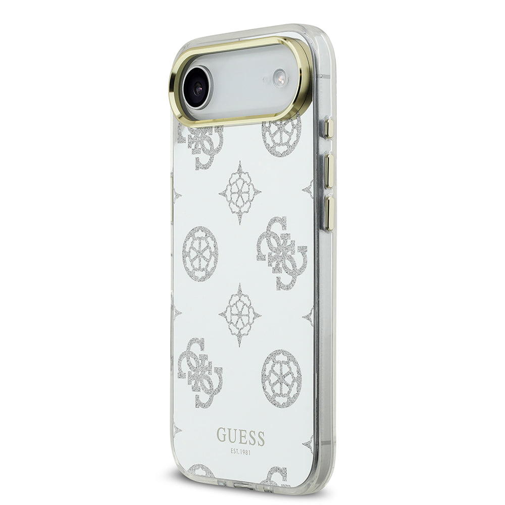 Apple iPhone 17 Air Kılıf M-Safe Şarj Özellikli Guess Metal Kamera Çerçeveli Peony Simli Aynalı Kapak Gümüş