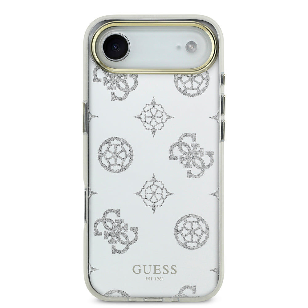 Apple iPhone 17 Air Kılıf M-Safe Şarj Özellikli Guess Metal Kamera Çerçeveli Peony Simli Aynalı Kapak Gümüş