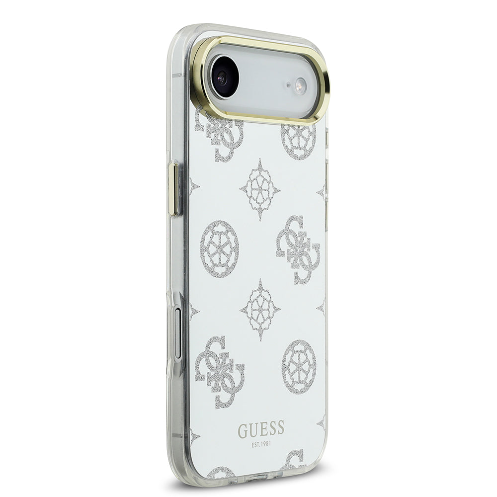 Apple iPhone 17 Air Kılıf M-Safe Şarj Özellikli Guess Metal Kamera Çerçeveli Peony Simli Aynalı Kapak Gümüş