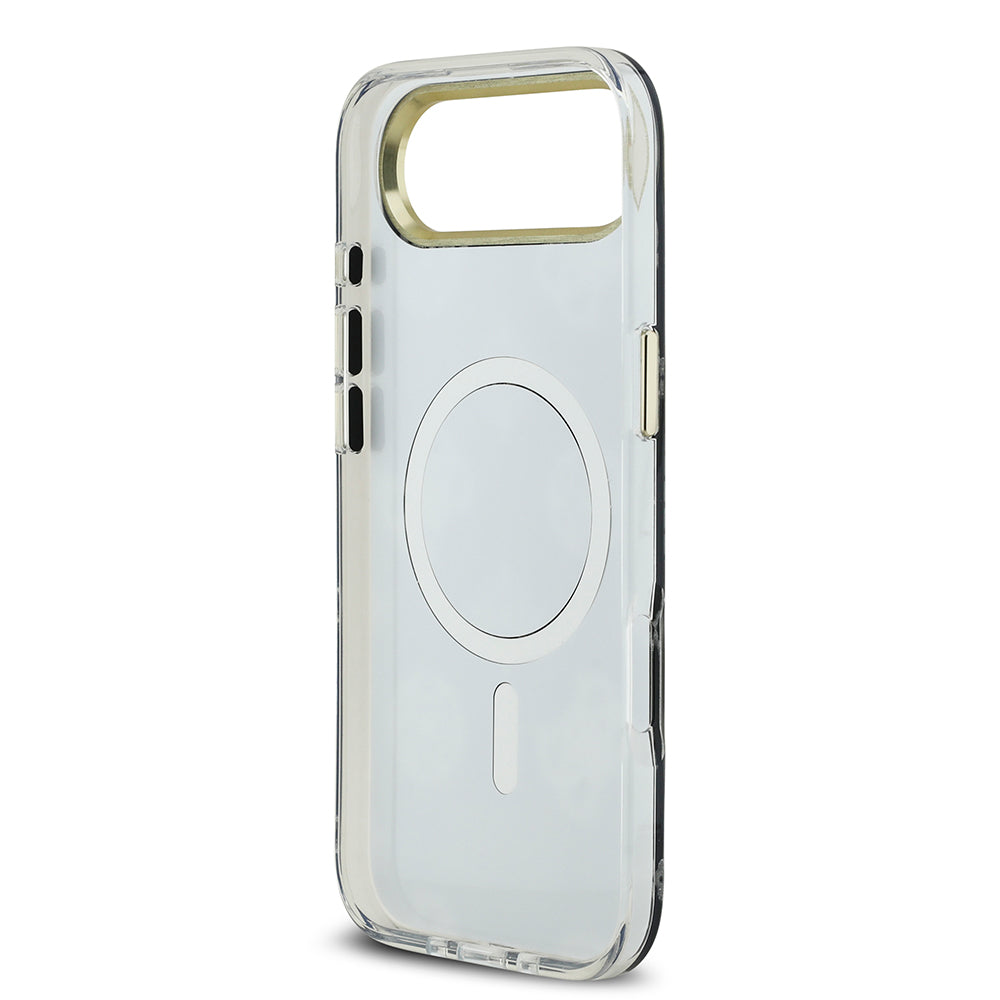 Apple iPhone 17 Air Kılıf M-Safe Şarj Özellikli Guess Metal Kamera Çerçeveli Peony Simli Aynalı Kapak Gümüş