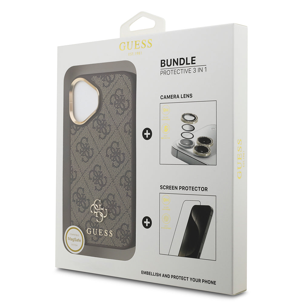 Apple iPhone 17 Guess 3'lü Aksesuar Seti 4G ve Yazı Logolu Kılıf Ekran ve Lens Koruyucu Kahverengi