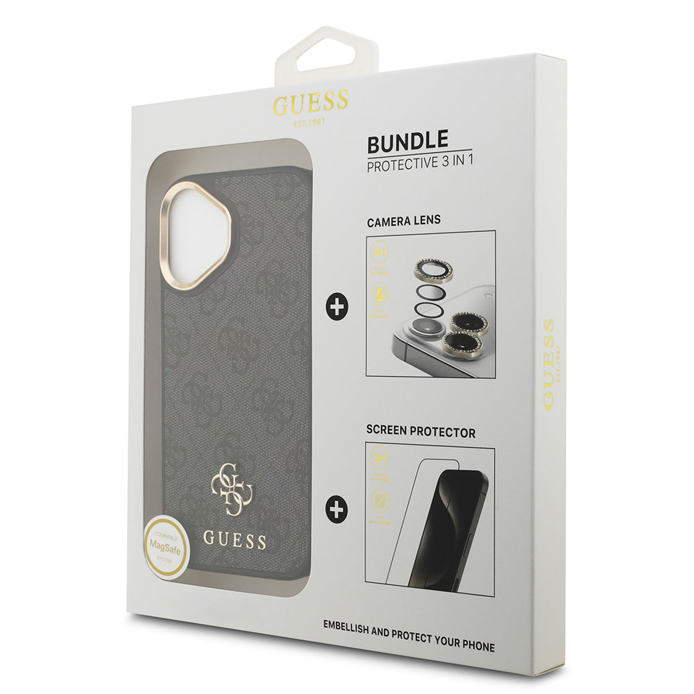 Apple iPhone 17 Guess 3'lü Aksesuar Seti 4G ve Yazı Logolu Kılıf Ekran ve Lens Koruyucu Siyah
