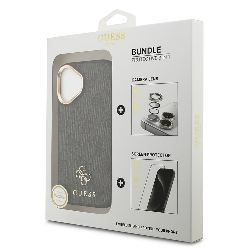 Apple iPhone 17 Guess 3'lü Aksesuar Seti 4G ve Yazı Logolu Kılıf Ekran ve Lens Koruyucu Siyah