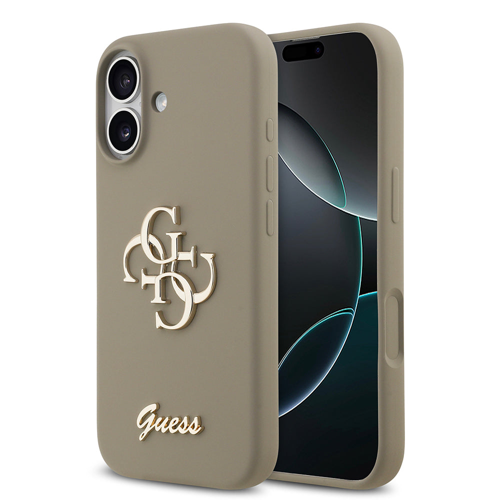 Apple iPhone 17 Kılıf Guess 4G Metal Grained Yazı Logolu TPU Kapak Kahverengi
