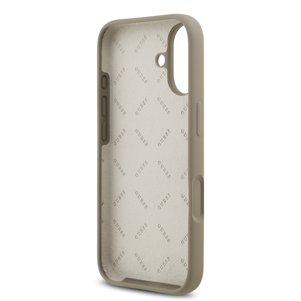 Apple iPhone 17 Kılıf Guess 4G Metal Grained Yazı Logolu TPU Kapak Kahverengi