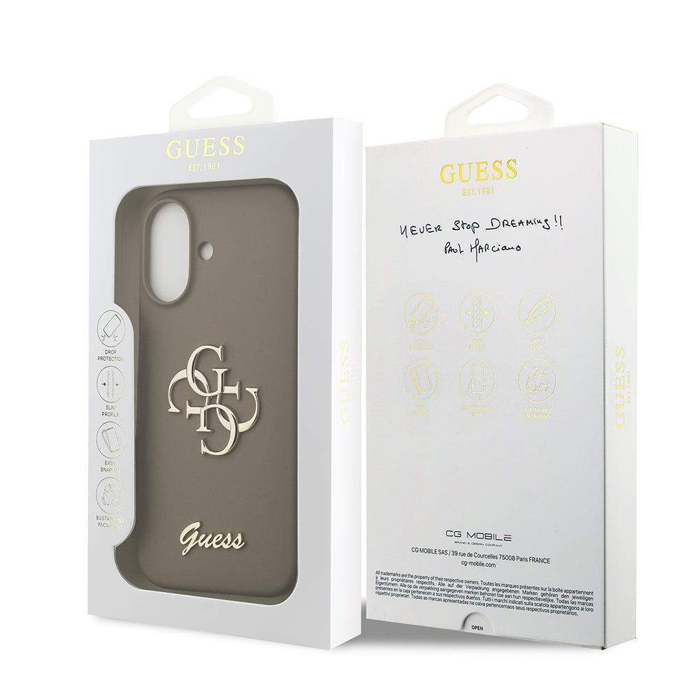 Apple iPhone 17 Kılıf Guess 4G Metal Grained Yazı Logolu TPU Kapak Kahverengi