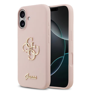 Apple iPhone 17 Kılıf Guess 4G Metal Grained Yazı Logolu TPU Kapak Pembe