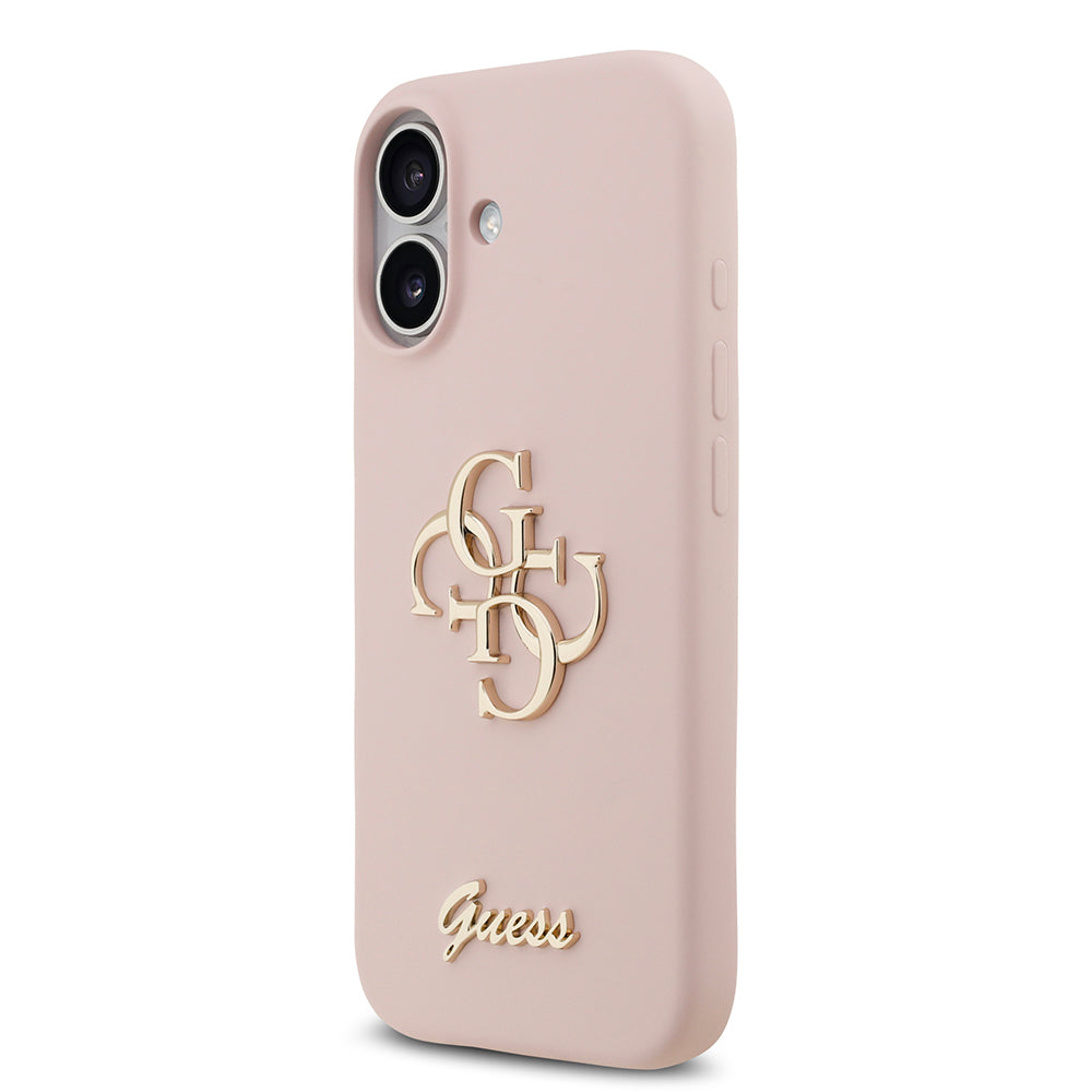 Apple iPhone 17 Kılıf Guess 4G Metal Grained Yazı Logolu TPU Kapak Pembe