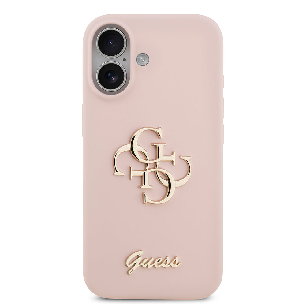Apple iPhone 17 Kılıf Guess 4G Metal Grained Yazı Logolu TPU Kapak Pembe
