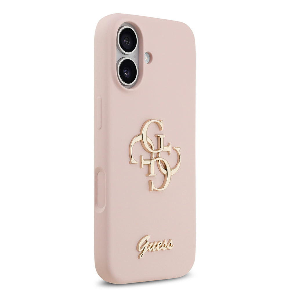 Apple iPhone 17 Kılıf Guess 4G Metal Grained Yazı Logolu TPU Kapak Pembe