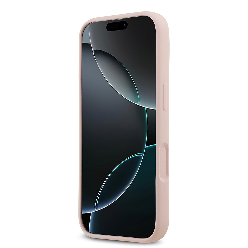 Apple iPhone 17 Kılıf Guess 4G Metal Grained Yazı Logolu TPU Kapak Pembe