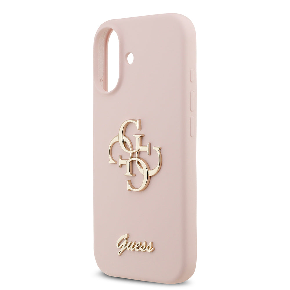 Apple iPhone 17 Kılıf Guess 4G Metal Grained Yazı Logolu TPU Kapak Pembe