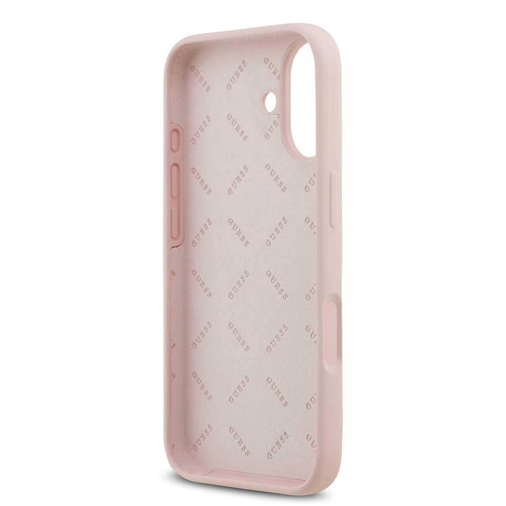 Apple iPhone 17 Kılıf Guess 4G Metal Grained Yazı Logolu TPU Kapak Pembe