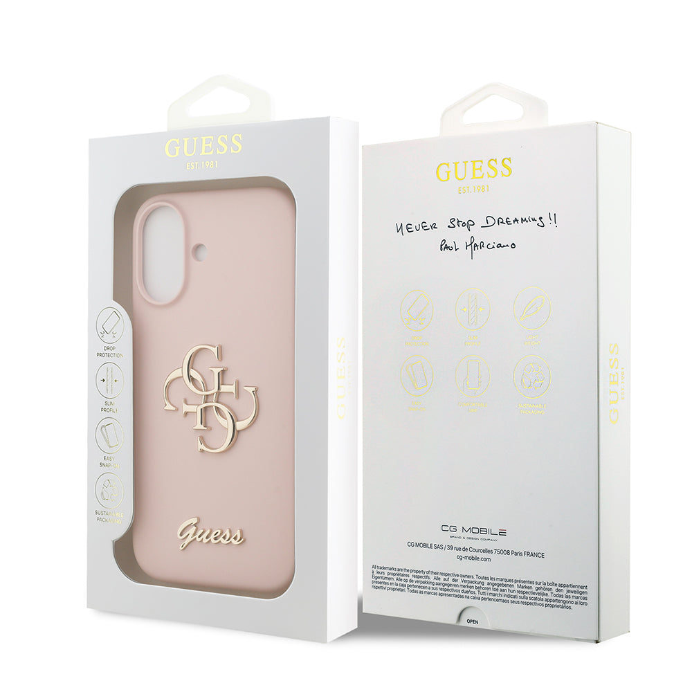 Apple iPhone 17 Kılıf Guess 4G Metal Grained Yazı Logolu TPU Kapak Pembe