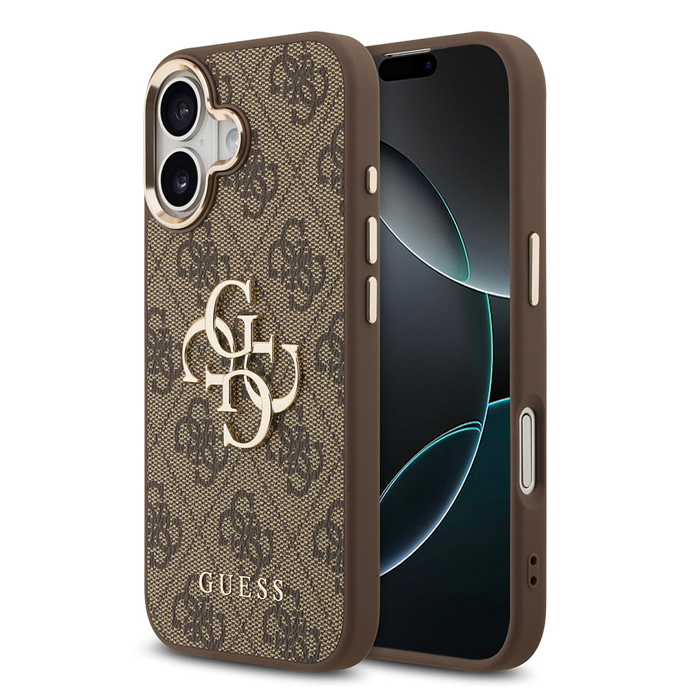 Apple iPhone 17 Kılıf Guess Gold Metal Kamera Çerçeveli Büyük 4G ve Yazı Logolu Kapak Kahverengi