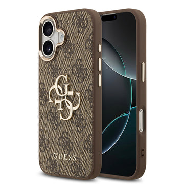 Apple iPhone 17 Kılıf Guess Gold Metal Kamera Çerçeveli Büyük 4G ve Yazı Logolu Kapak Kahverengi