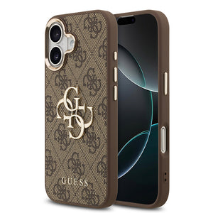 Apple iPhone 17 Kılıf Guess Gold Metal Kamera Çerçeveli Büyük 4G ve Yazı Logolu Kapak Kahverengi