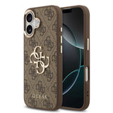 Apple iPhone 17 Kılıf Guess Gold Metal Kamera Çerçeveli Büyük 4G ve Yazı Logolu Kapak Kahverengi
