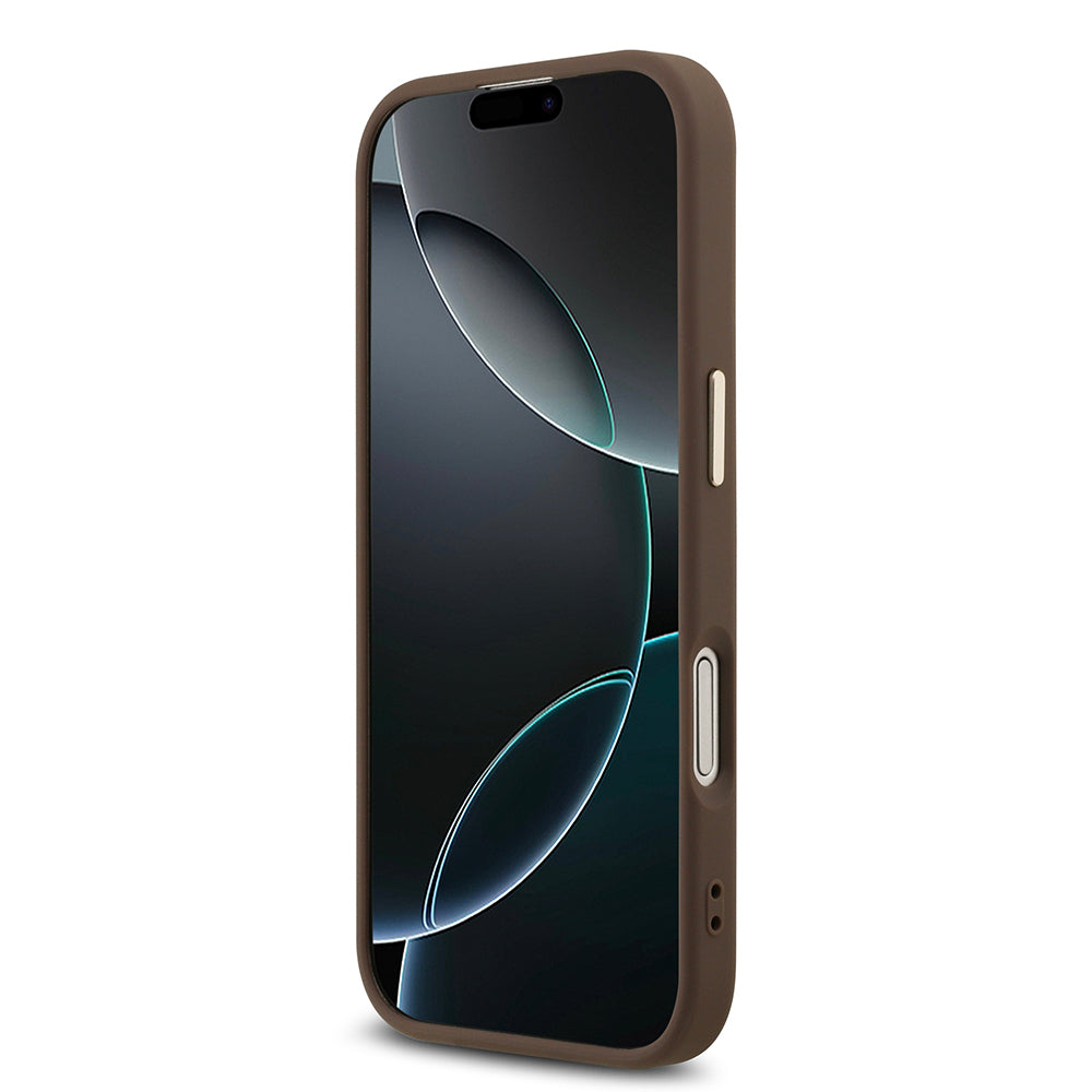 Apple iPhone 17 Kılıf Guess Gold Metal Kamera Çerçeveli Büyük 4G ve Yazı Logolu Kapak Kahverengi