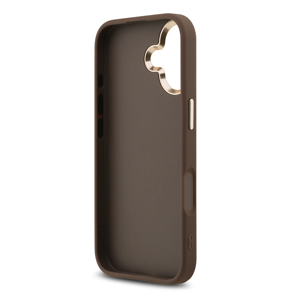 Apple iPhone 17 Kılıf Guess Gold Metal Kamera Çerçeveli Büyük 4G ve Yazı Logolu Kapak Kahverengi