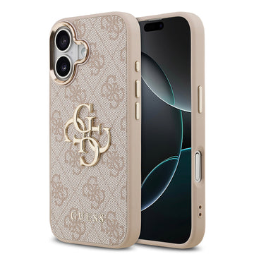 Apple iPhone 17 Kılıf Guess Gold Metal Kamera Çerçeveli Büyük 4G ve Yazı Logolu Kapak Pembe