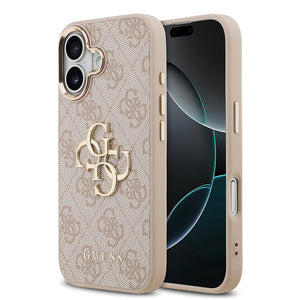 Apple iPhone 17 Kılıf Guess Gold Metal Kamera Çerçeveli Büyük 4G ve Yazı Logolu Kapak Pembe