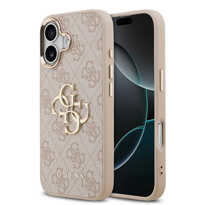 Apple iPhone 17 Kılıf Guess Gold Metal Kamera Çerçeveli Büyük 4G ve Yazı Logolu Kapak Pembe