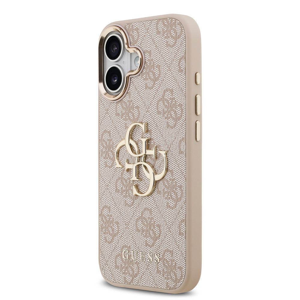 Apple iPhone 17 Kılıf Guess Gold Metal Kamera Çerçeveli Büyük 4G ve Yazı Logolu Kapak Pembe